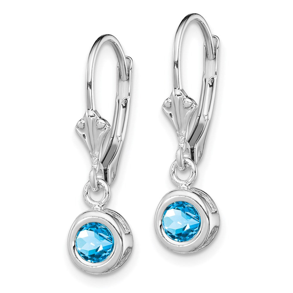 Sterling Silver Rhodium Plated 5mm Round Blue Topaz Leverback Earrings