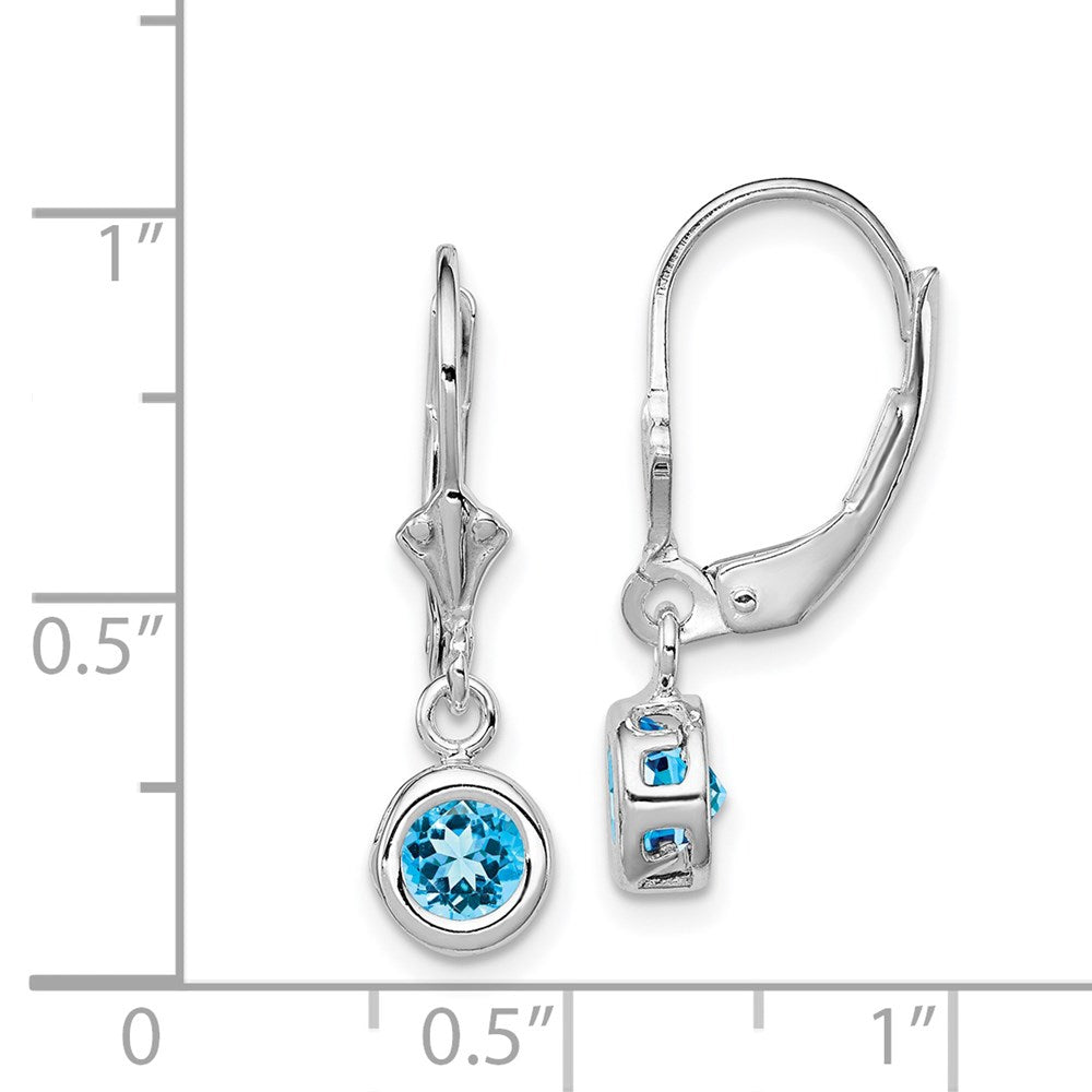 Sterling Silver Rhodium Plated 5mm Round Blue Topaz Leverback Earrings