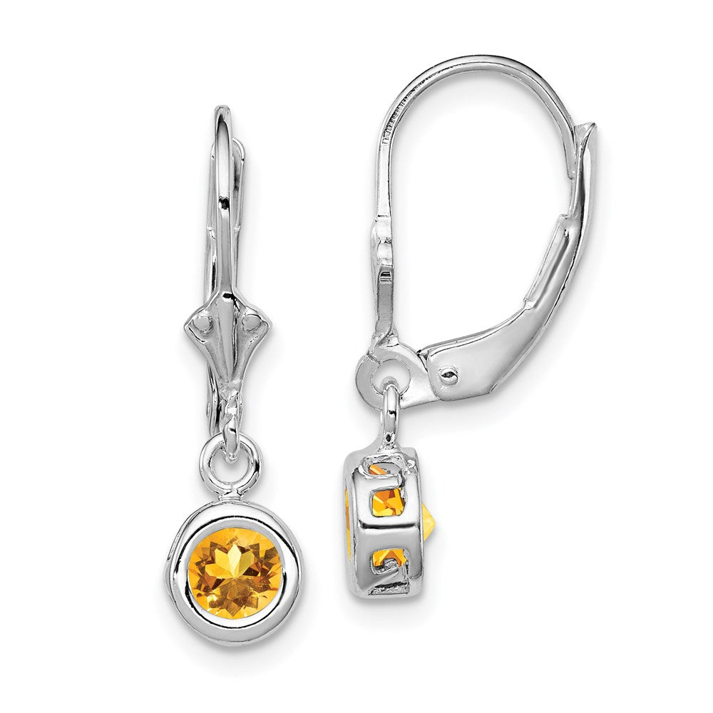 Sterling Silver Rhodium Plated 5mm Round Citrine Leverback Earrings