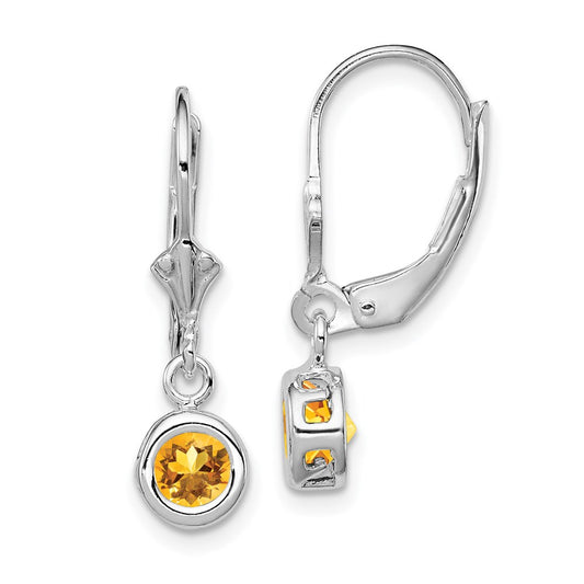 Sterling Silver Rhodium Plated 5mm Round Citrine Leverback Earrings