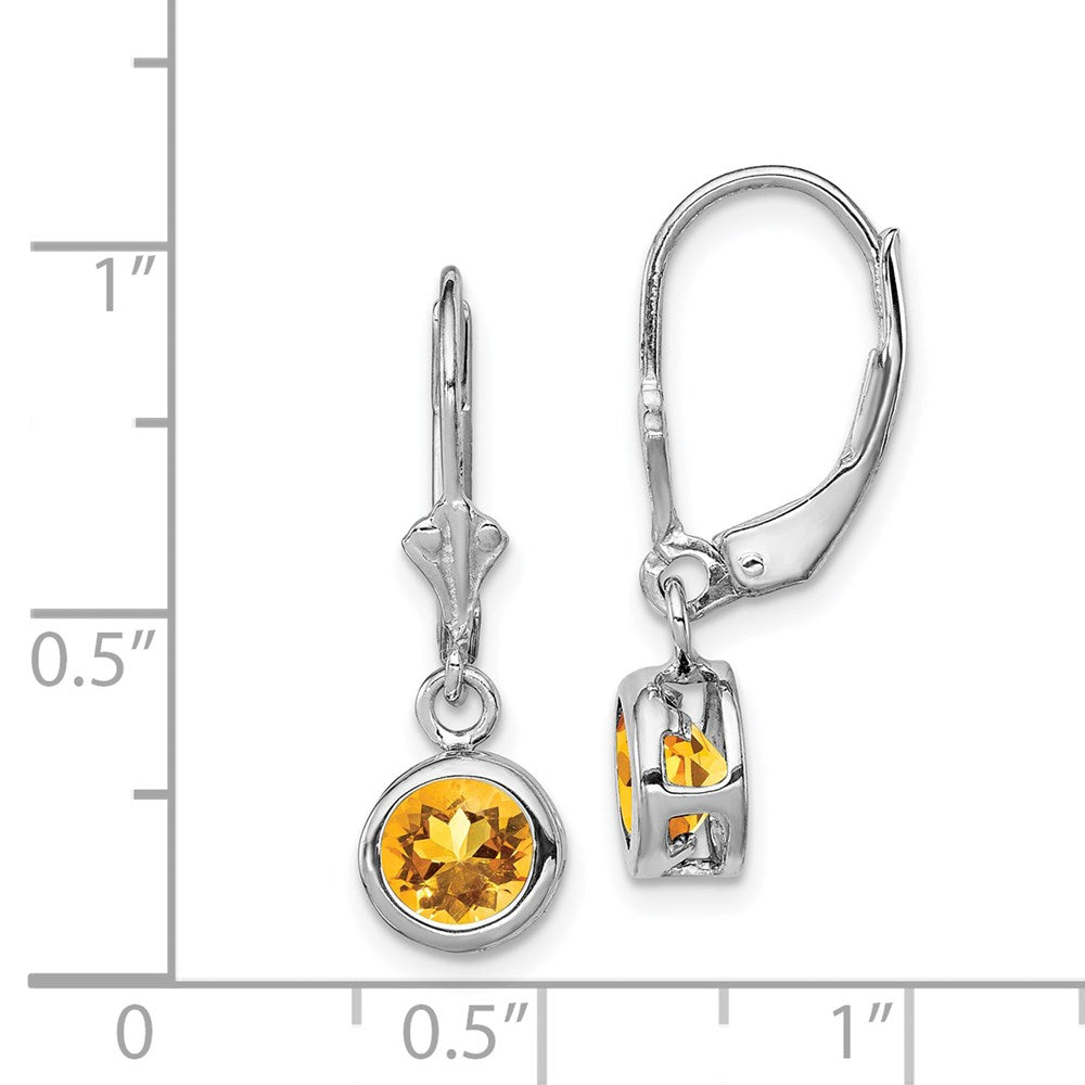 Sterling Silver Rhodium Plated 6mm Round Citrine Leverback Earrings