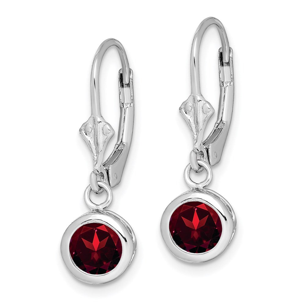 Sterling Silver Rhodium Plated 6mm Round Garnet Leverback Earrings