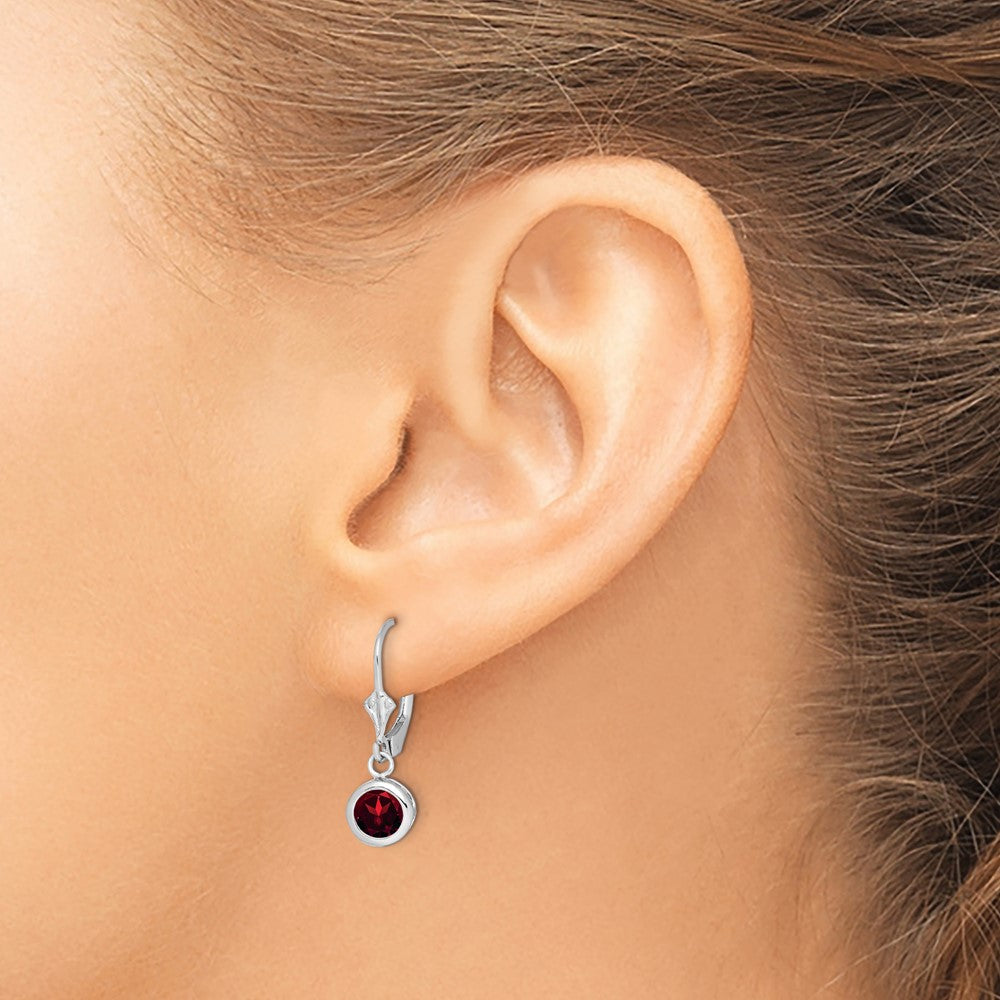 Sterling Silver Rhodium Plated 6mm Round Garnet Leverback Earrings