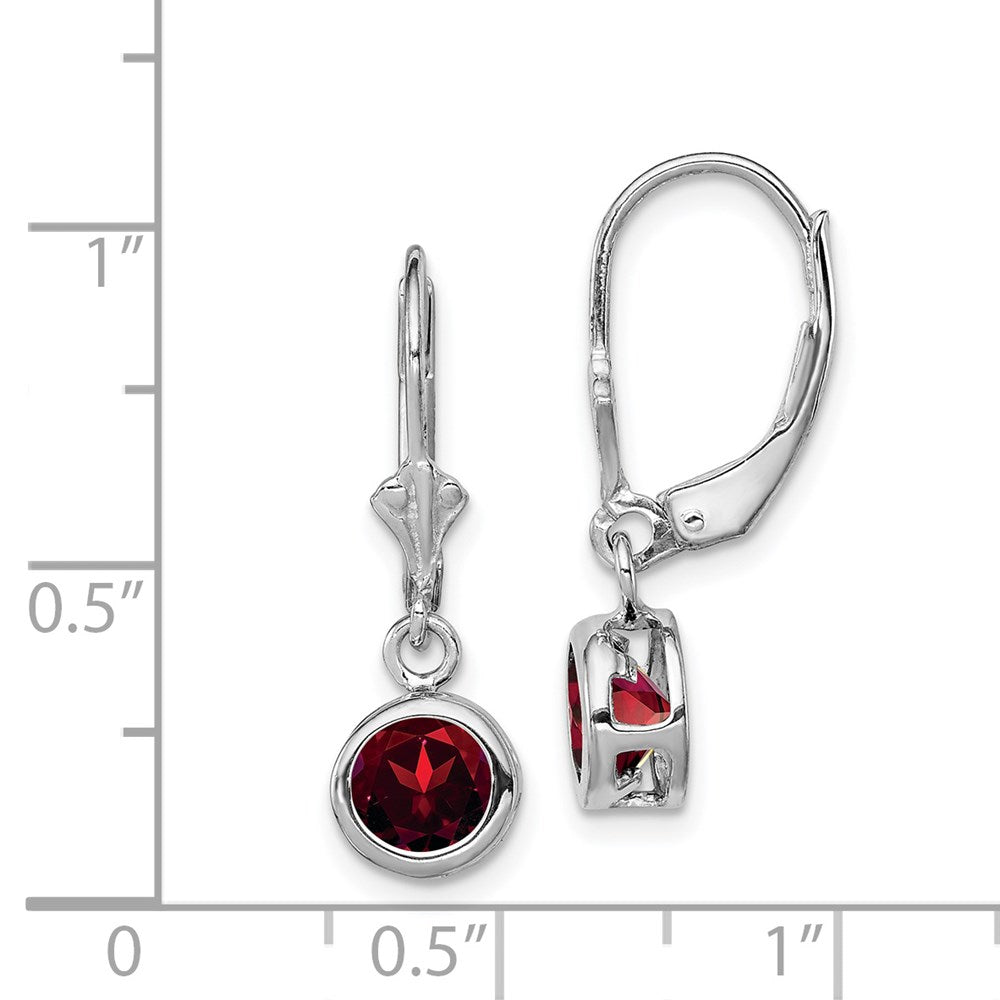 Sterling Silver Rhodium Plated 6mm Round Garnet Leverback Earrings