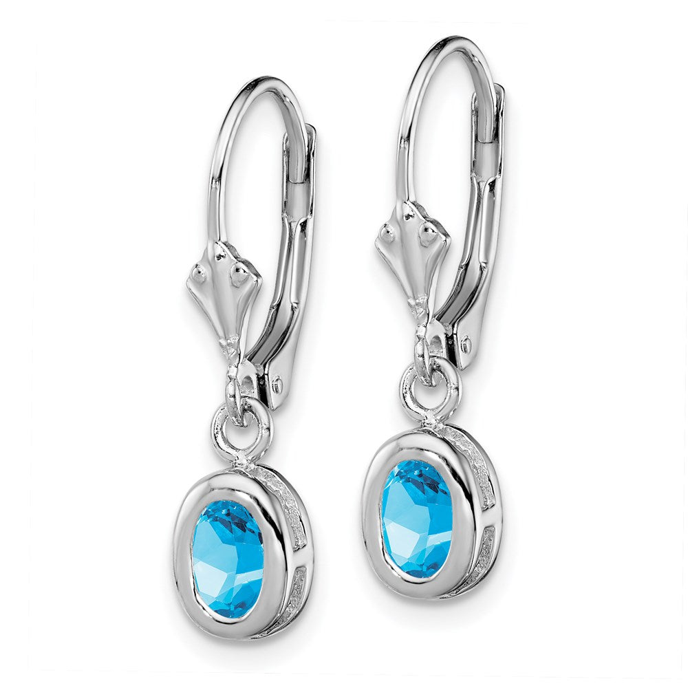 Sterling Silver Rhodium Plated 6x4mm Oval Blue Topaz Leverback Earrings