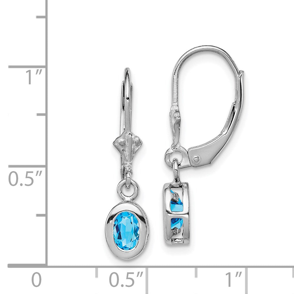 Sterling Silver Rhodium Plated 6x4mm Oval Blue Topaz Leverback Earrings