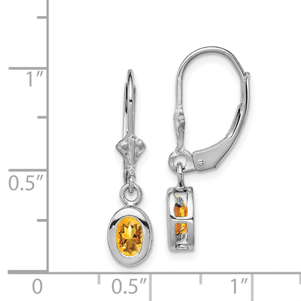 Sterling Silver Rhodium Plated 6x4mm Oval Citrine Leverback Earrings