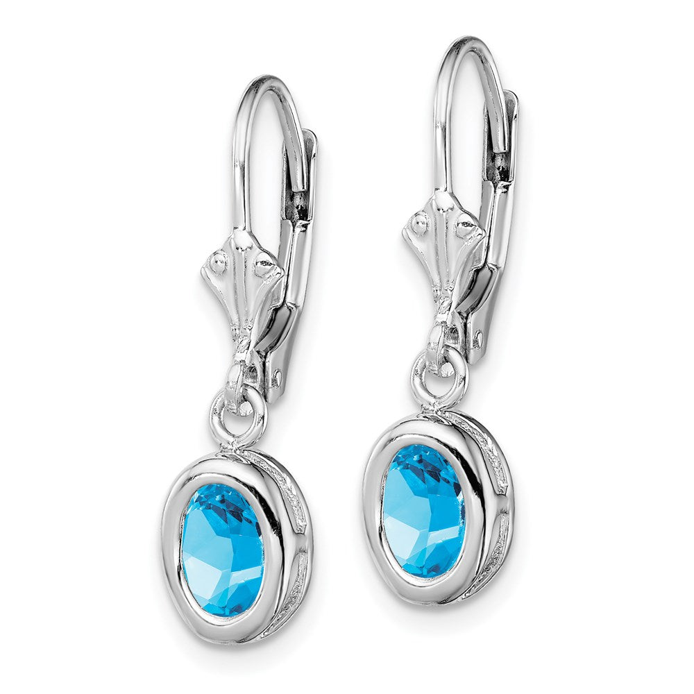 Sterling Silver Rhodium Plated 7x5mm Oval Blue Topaz Leverback Earrings