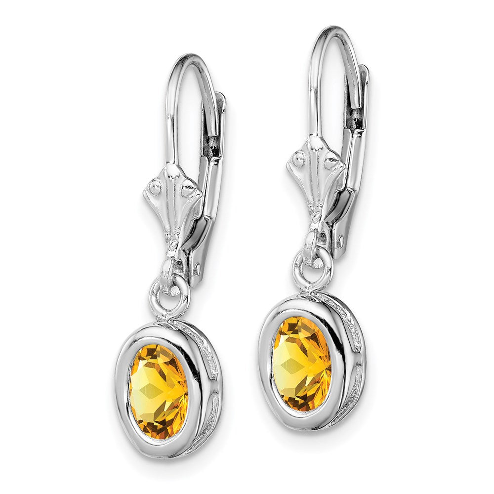 Sterling Silver Rhodium Plated 7x5mm Oval Citrine Leverback Earrings