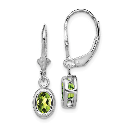 Sterling Silver Rhodium Plated 7x5mm Oval Peridot Leverback Earrings