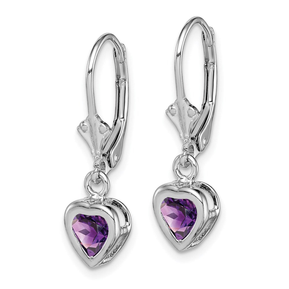 Sterling Silver Rhodium Plated 5mm Heart Amethyst Leverback Earrings