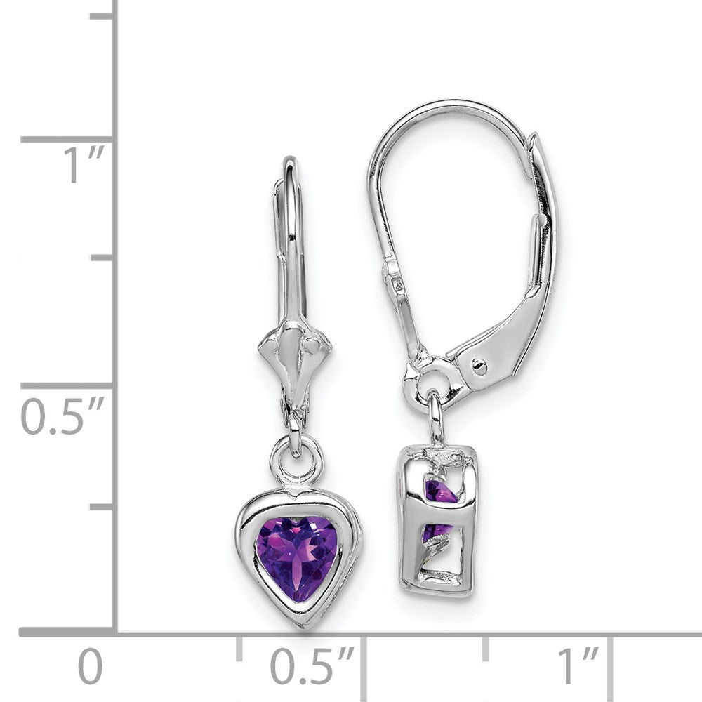 Sterling Silver Rhodium Plated 5mm Heart Amethyst Leverback Earrings