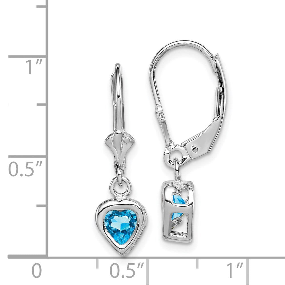 Sterling Silver Rhodium Plated 5mm Heart Blue Topaz Leverback Earrings