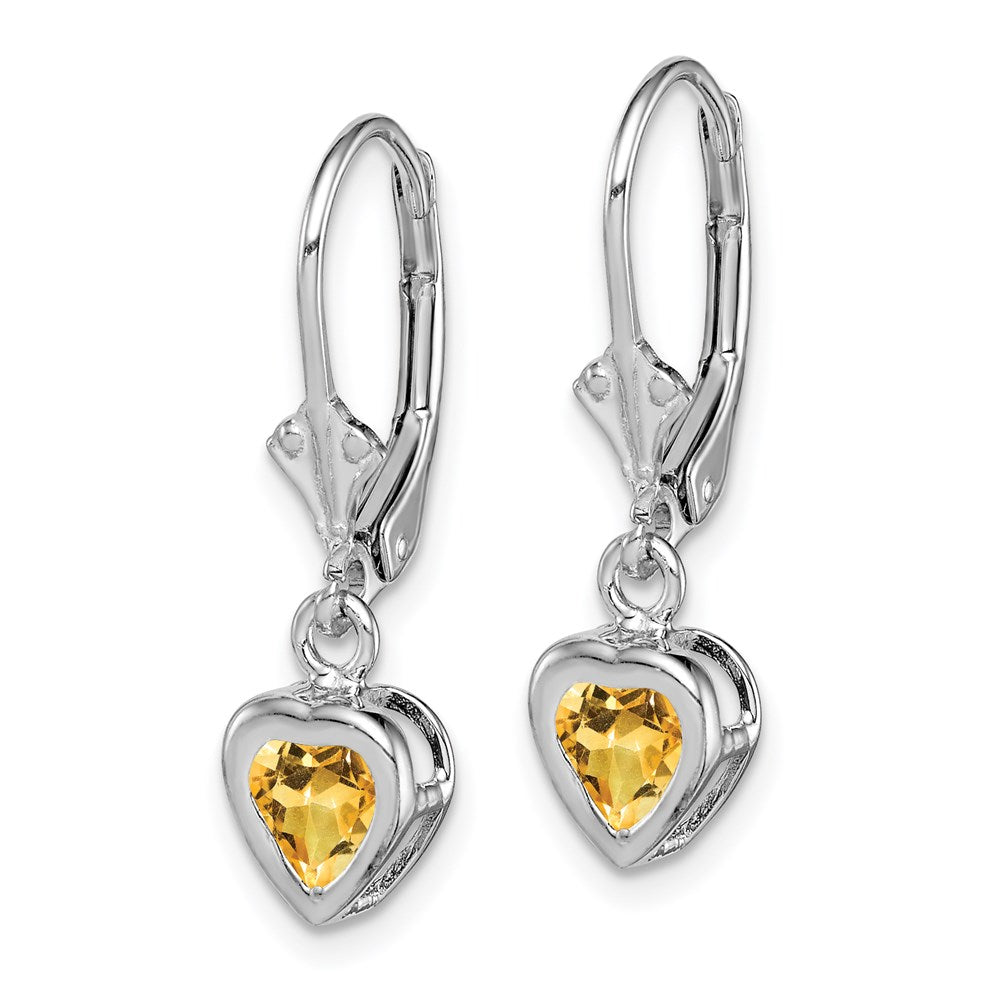 Sterling Silver Rhodium Plated 5mm Heart Citrine Leverback Earrings