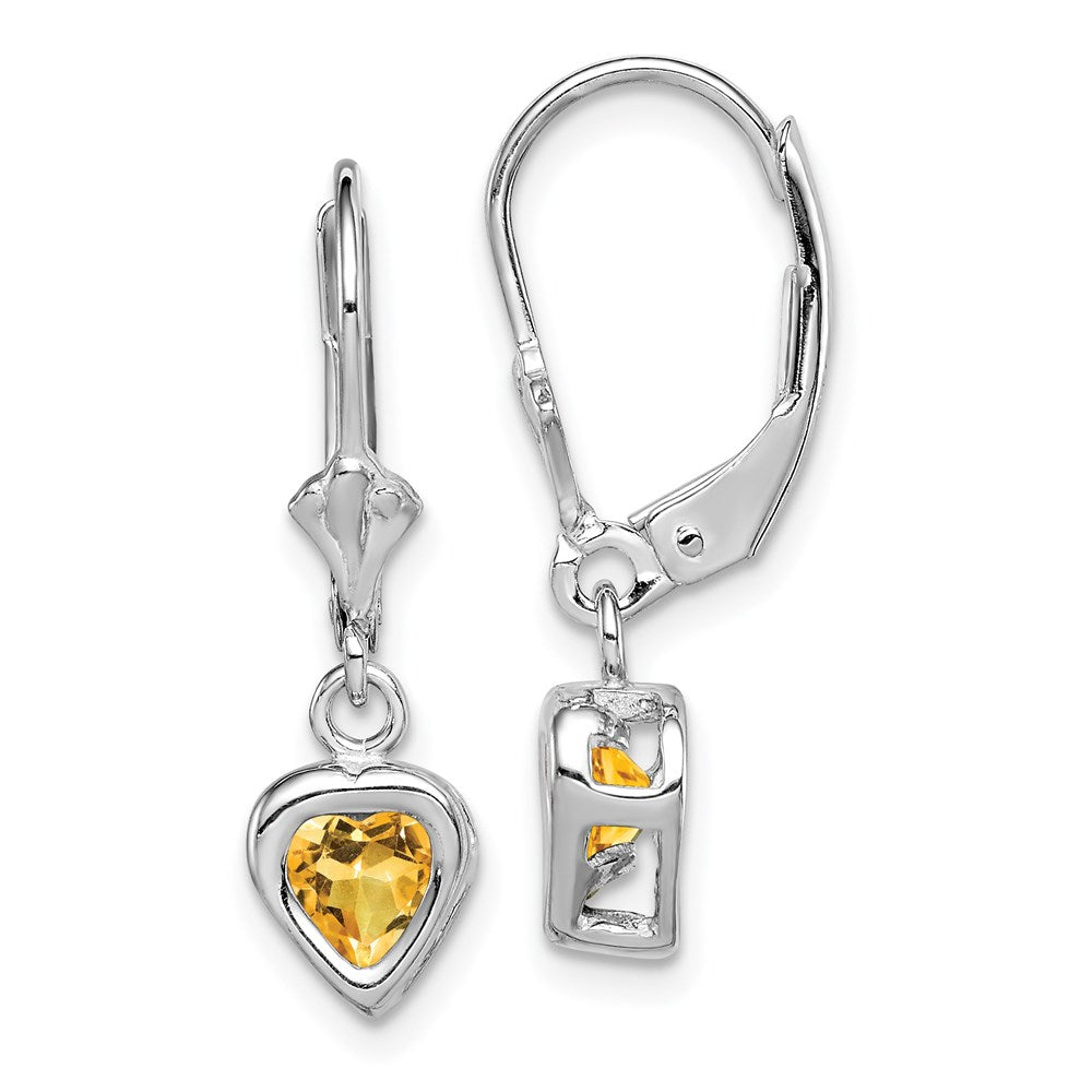 Sterling Silver Rhodium Plated 5mm Heart Citrine Leverback Earrings