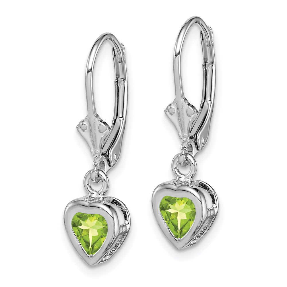 Sterling Silver Rhodium Plated 5mm Heart Peridot Leverback Earrings