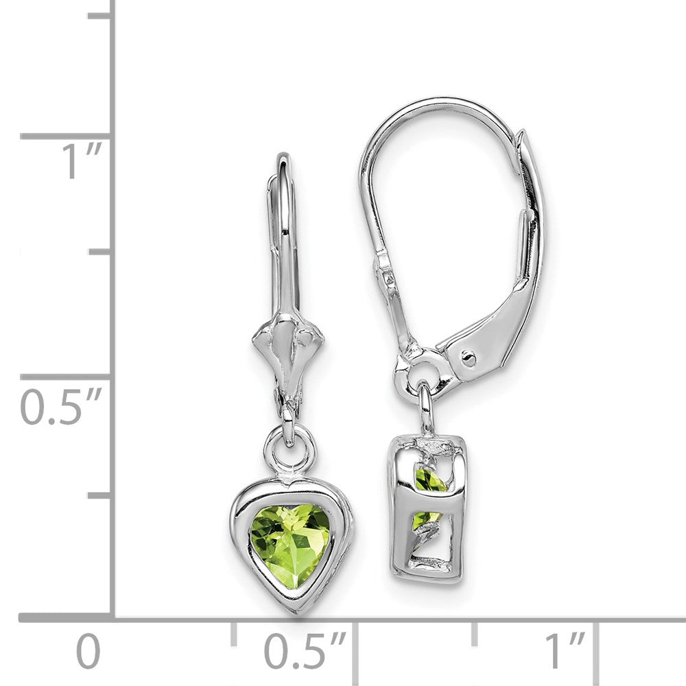 Sterling Silver Rhodium Plated 5mm Heart Peridot Leverback Earrings