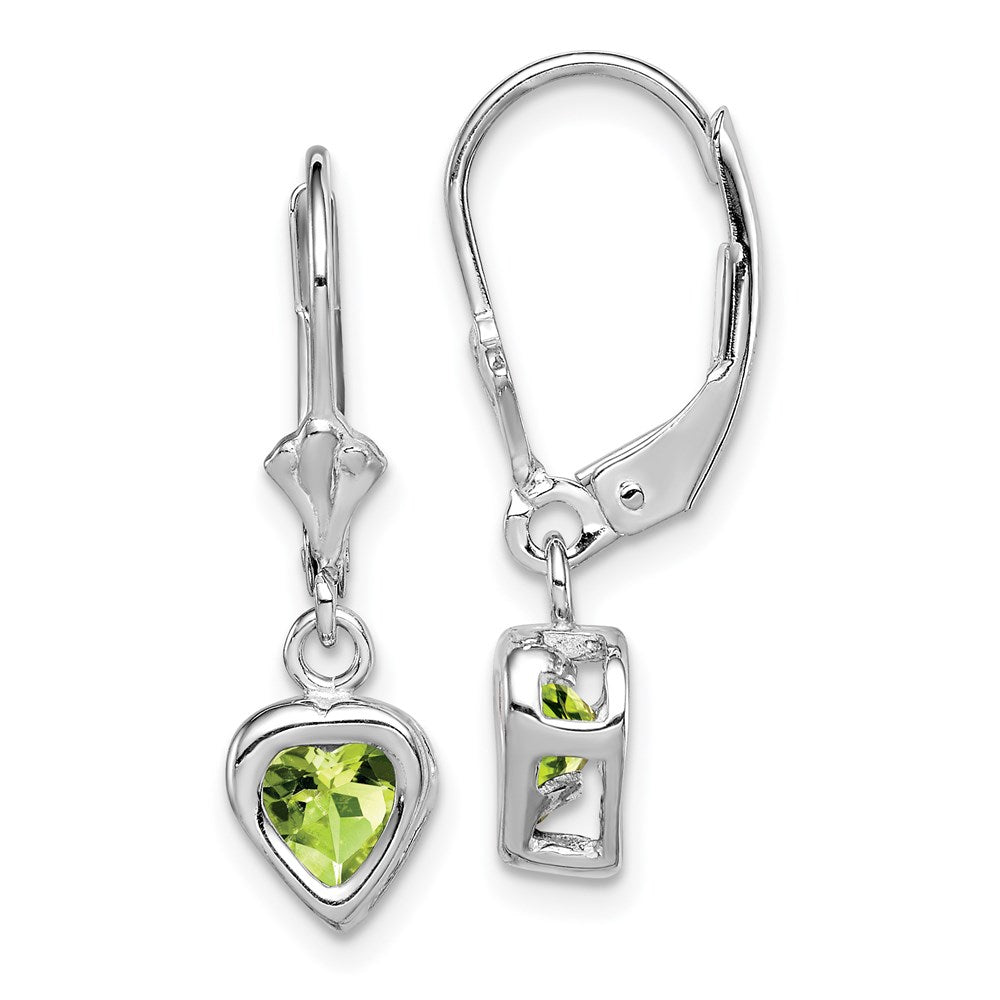 Sterling Silver Rhodium Plated 5mm Heart Peridot Leverback Earrings