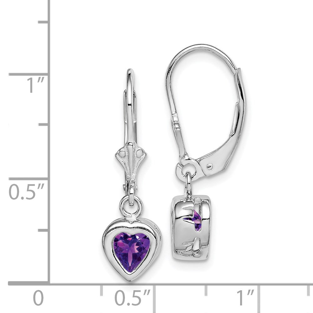 Sterling Silver Rhodium Plated 6mm Heart Amethyst Leverback Earrings