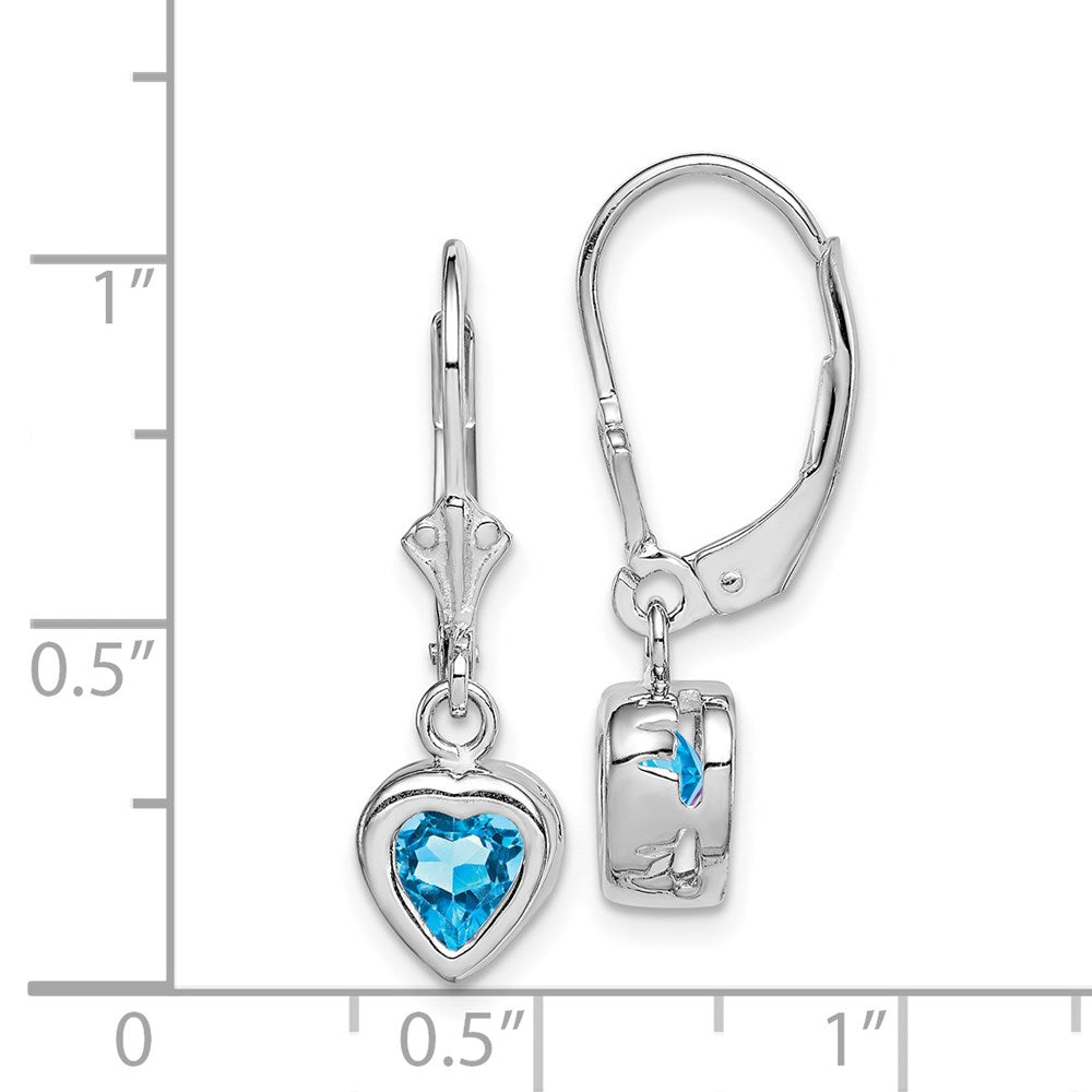 Sterling Silver Rhodium Plated 6mm Heart Blue Topaz Leverback Earrings