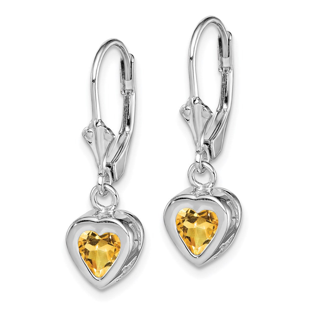 Sterling Silver Rhodium Plated 6mm Heart Citrine Leverback Earrings