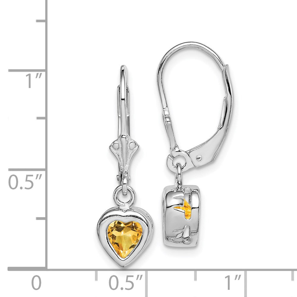 Sterling Silver Rhodium Plated 6mm Heart Citrine Leverback Earrings