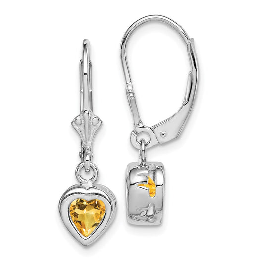 Sterling Silver Rhodium Plated 6mm Heart Citrine Leverback Earrings