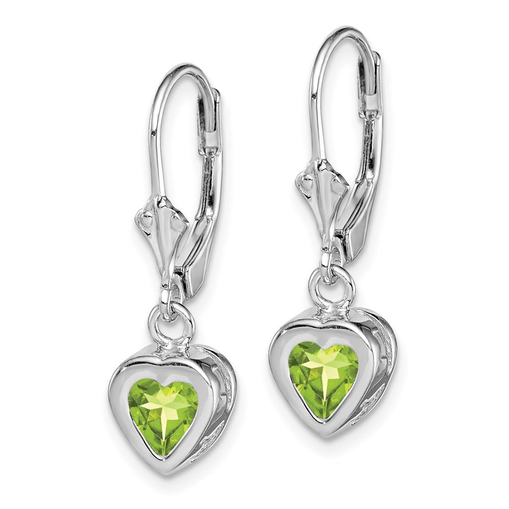 Sterling Silver Rhodium Plated 6mm Heart Peridot Leverback Earrings