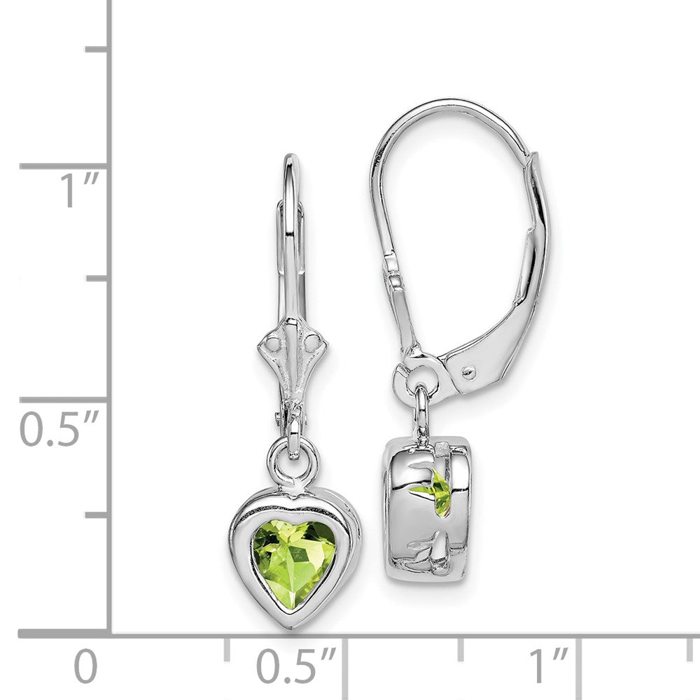 Sterling Silver Rhodium Plated 6mm Heart Peridot Leverback Earrings