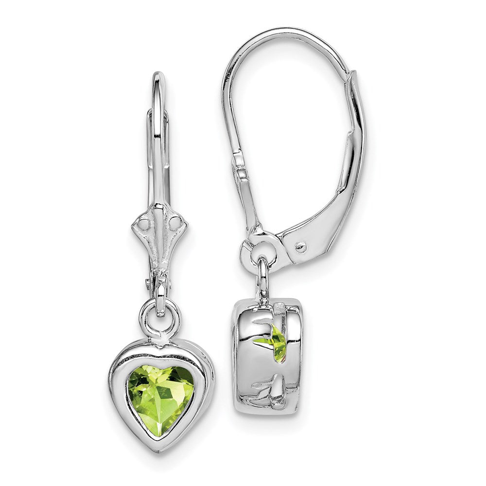 Sterling Silver Rhodium Plated 6mm Heart Peridot Leverback Earrings