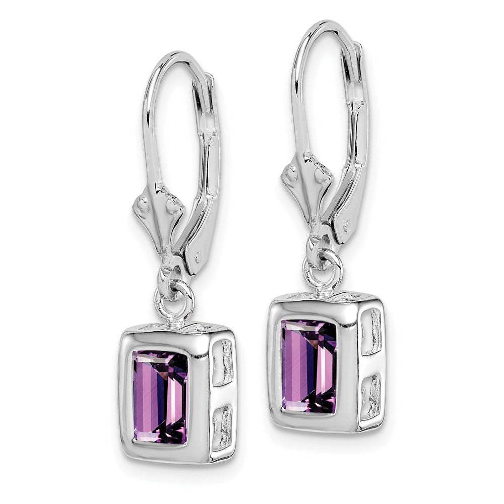 Sterling Silver RH Plated 7x5 Emerald Cut Amethyst Leverback Earrings