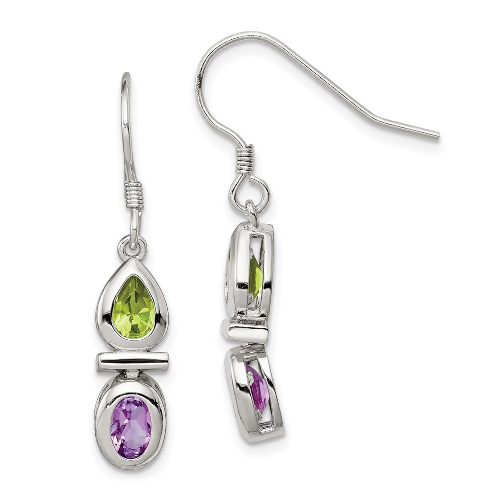 Sterling Silver Rhodium Plated Peridot and Amethyst Dangle Earrings