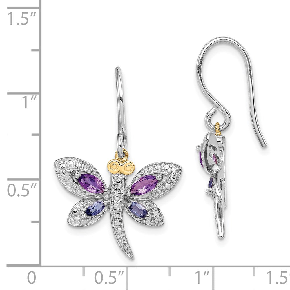 Brilliant Gemstones Sterling Silver with 14K Accent Rhodium-plated Amethyst and Iolite and Diamond Dragonfly Earrings