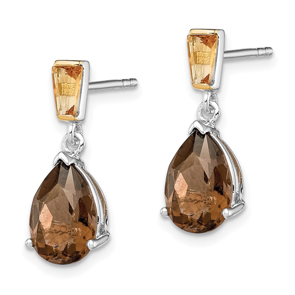 Brilliant Gemstones Sterling Silver with 14K Accent Rhodium-plated Smoky Quartz and Citrine Earrings