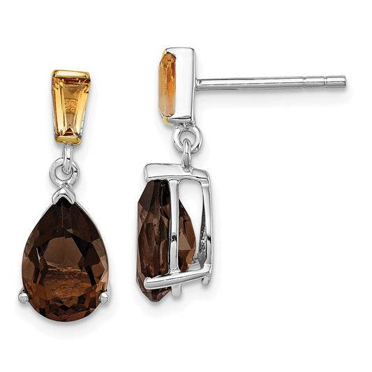 Brilliant Gemstones Sterling Silver with 14K Accent Rhodium-plated Smoky Quartz and Citrine Earrings