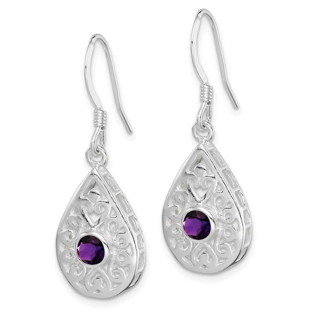 Sterling Silver Amethyst Polished Fancy Filigree Dangle Earrings