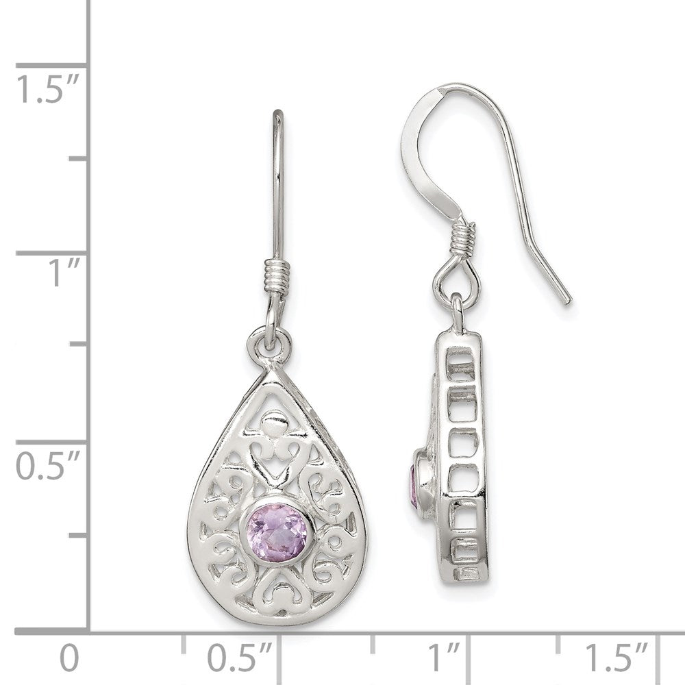 Sterling Silver Amethyst Polished Fancy Filigree Dangle Earrings