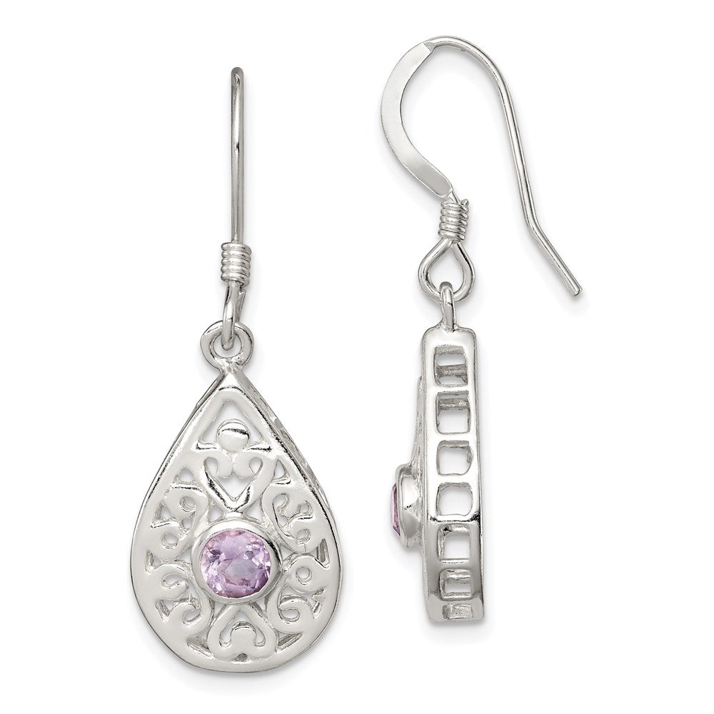 Sterling Silver Amethyst Polished Fancy Filigree Dangle Earrings