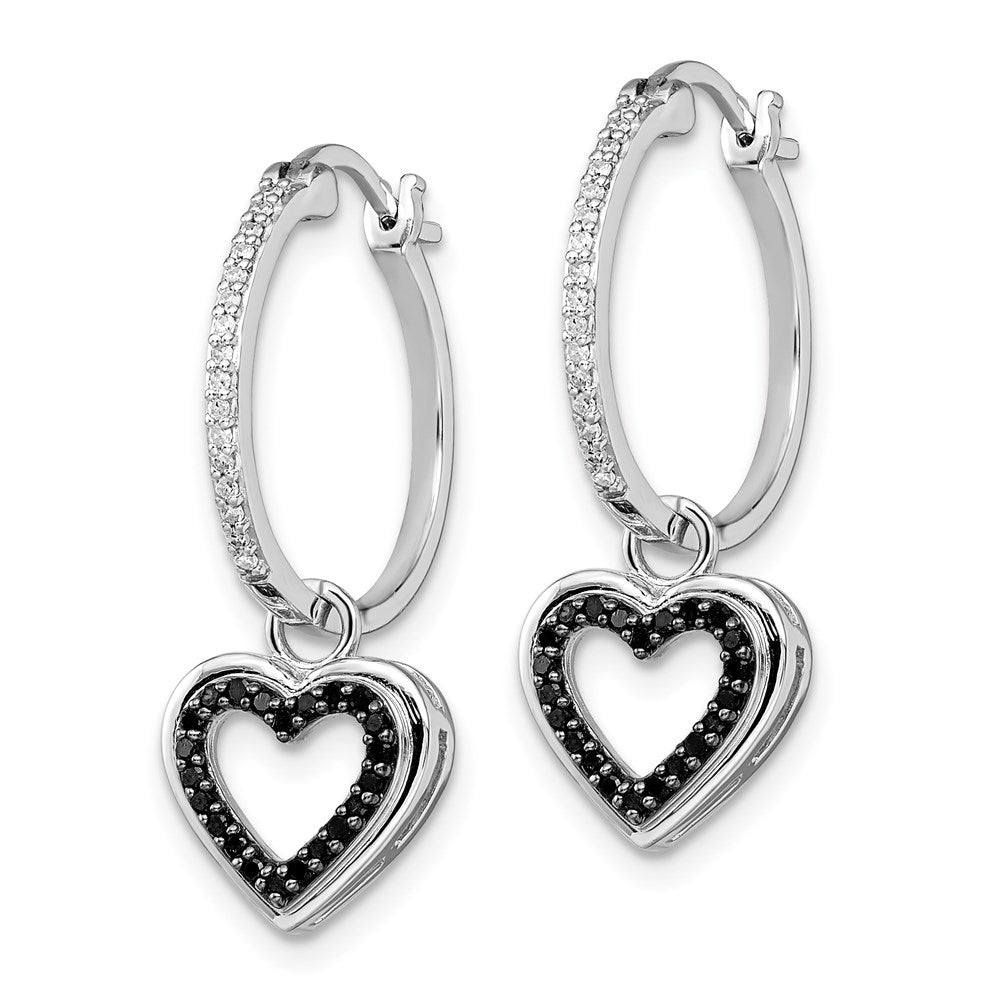 White Night Sterling Silver Rhodium-plated Black and White Diamond with Dangle Heart Hoop Earring