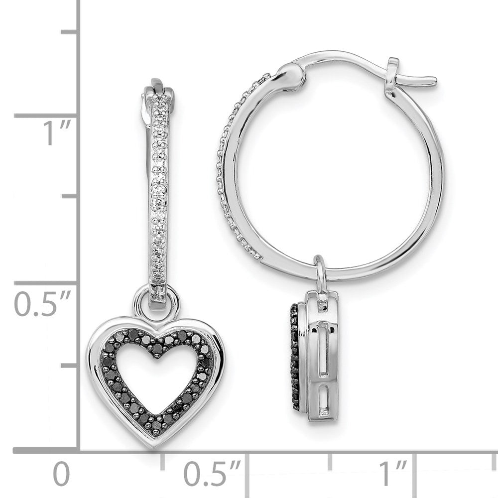 White Night Sterling Silver Rhodium-plated Black and White Diamond with Dangle Heart Hoop Earring