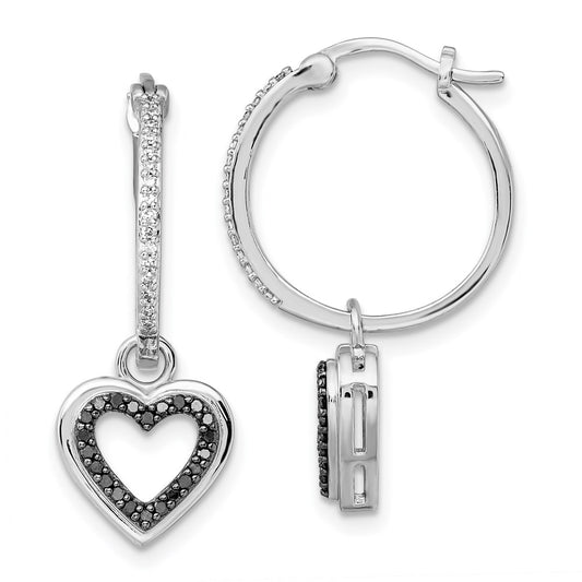 White Night Sterling Silver Rhodium-plated Black and White Diamond with Dangle Heart Hoop Earring