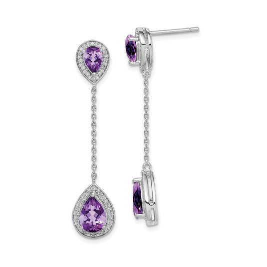 Sterling Silver Rhodium-plated Diamond and Amethyst Earring