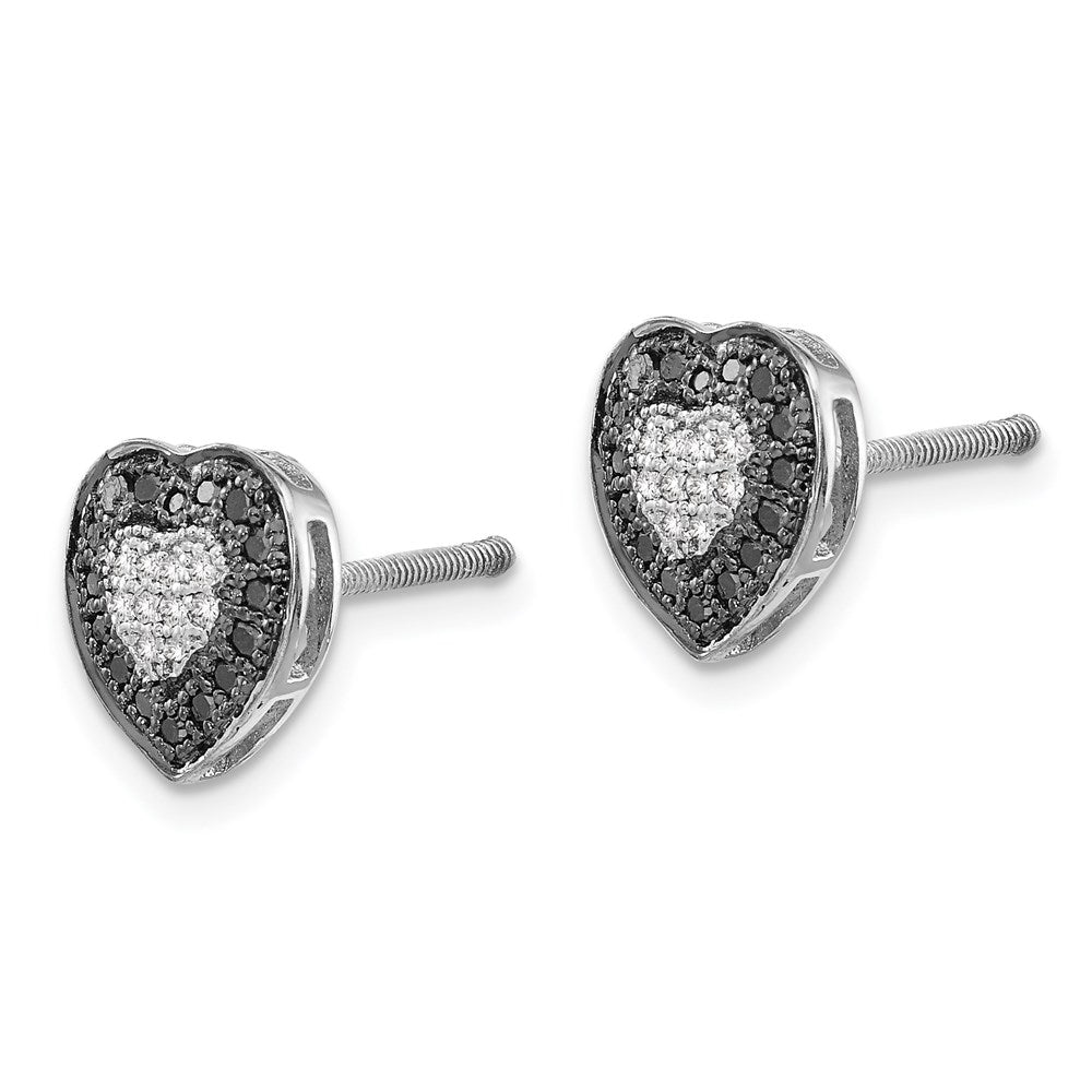 White Night Sterling Silver Rhodium-plated Black and White Diamond Heart Post Earrings