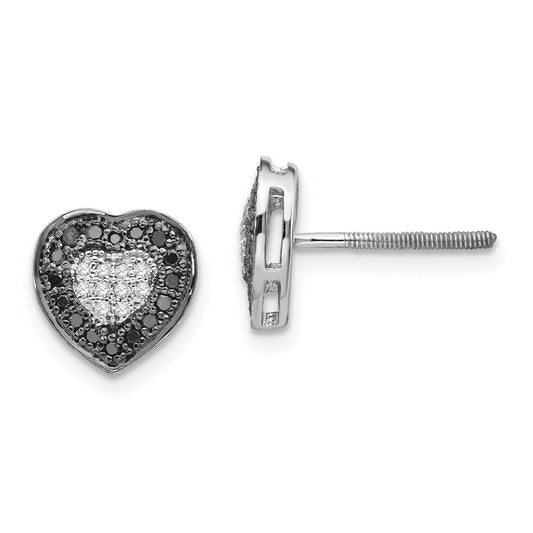 White Night Sterling Silver Rhodium-plated Black and White Diamond Heart Post Earrings