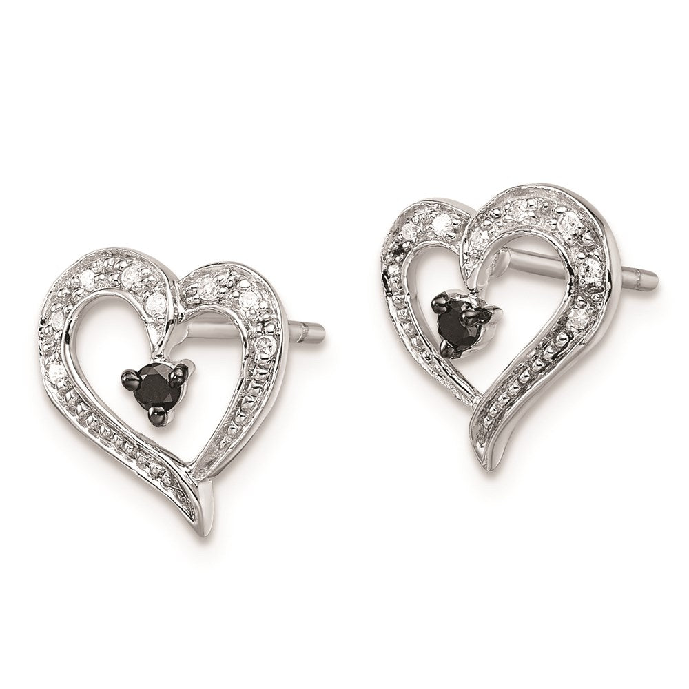 White Night Sterling Silver Rhodium-plated Black and White Diamond Heart Post Earrings