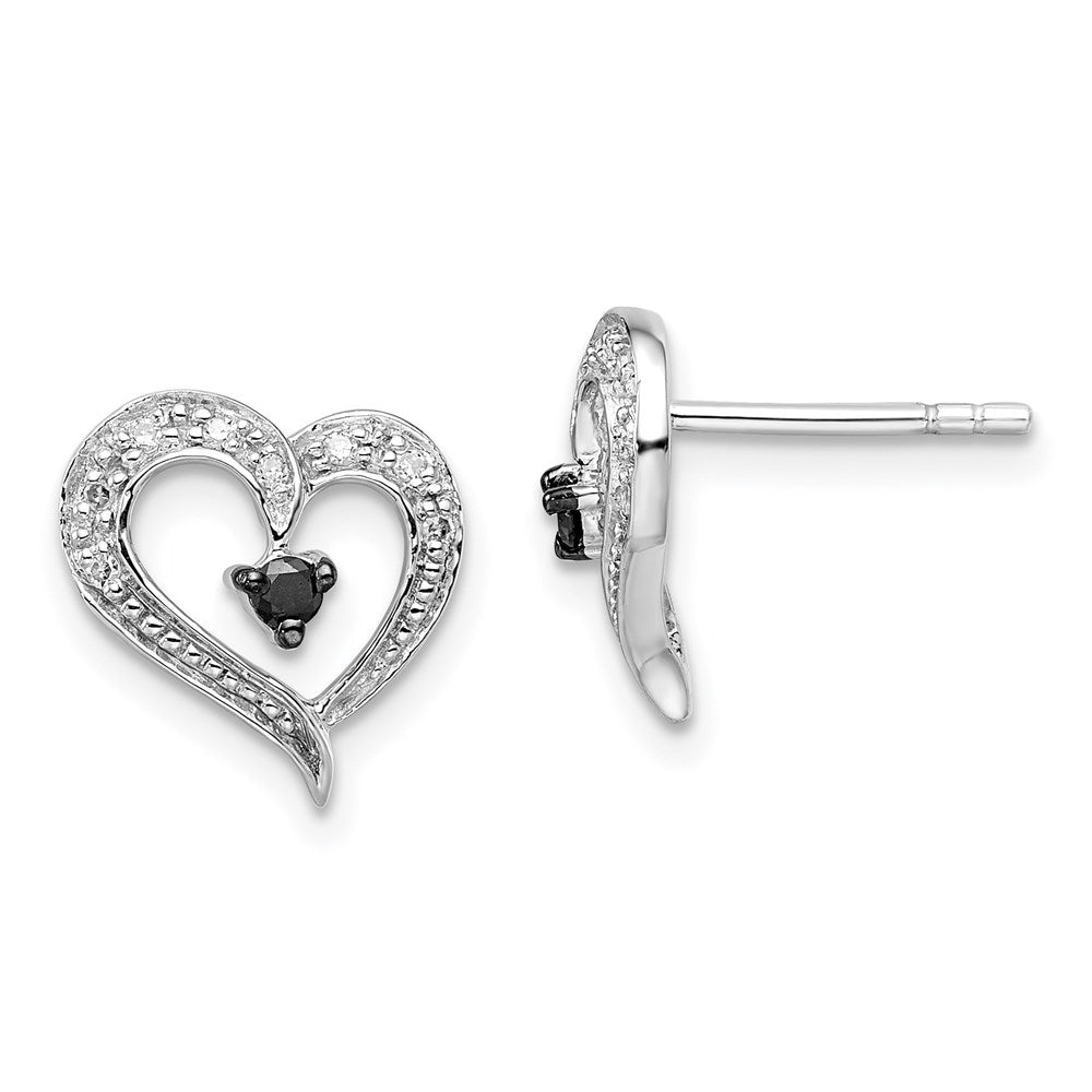 White Night Sterling Silver Rhodium-plated Black and White Diamond Heart Post Earrings