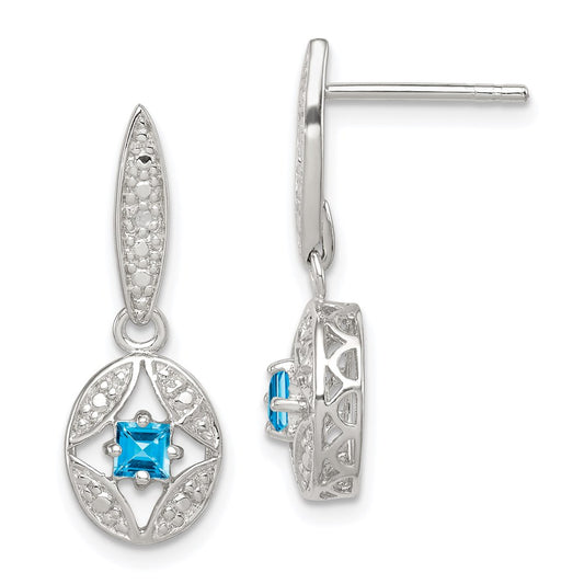 Sterling Silver Blue Topaz Diamond Post Dangle Earrings