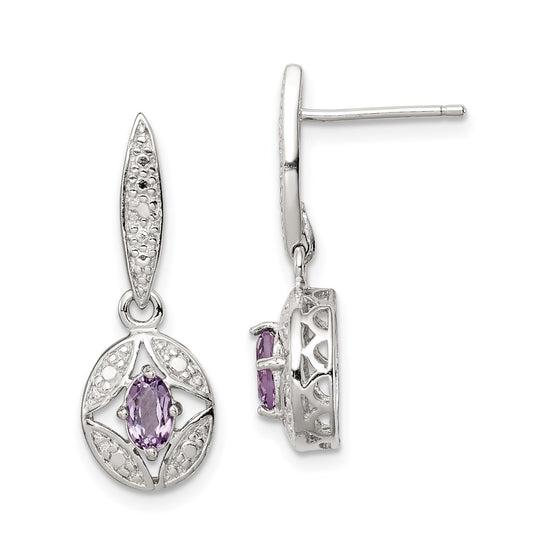 Sterling Silver Amethyst Diamond Post Dangle Earrings