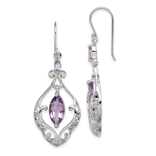 Sterling Silver Rhodium Plated Amethyst Fancy Dangle Earrings