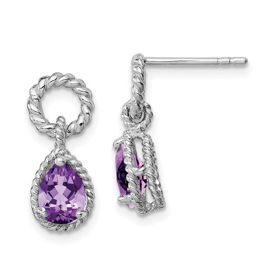 Sterling Silver Rhodium Plated Amethyst Pear Twisted Earrings